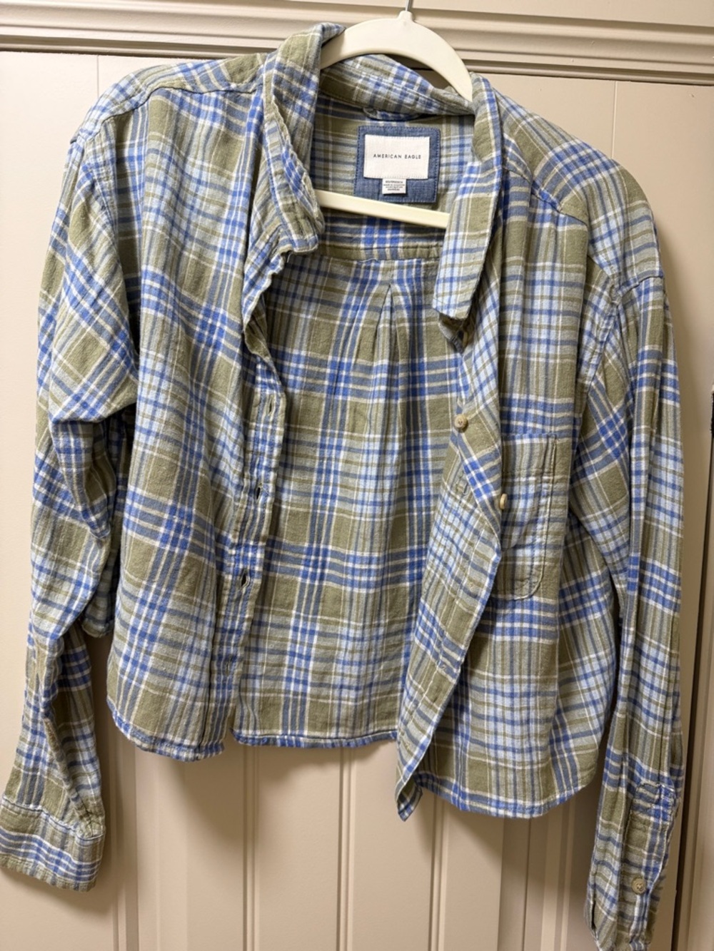 American Eagle Olive Green and Blue Plaid Flannel Shirt